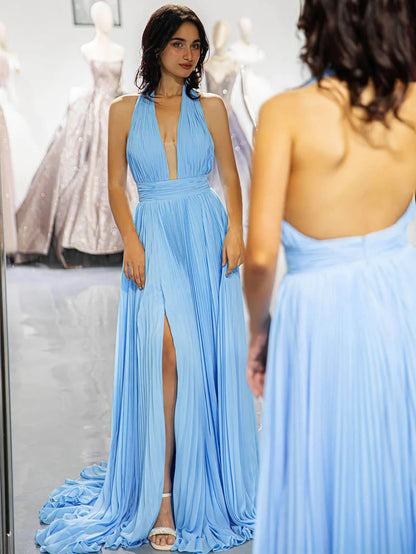 A-Line Light Blue Backless Chiffon Prom Dress Sweep/Brush Train Dresses