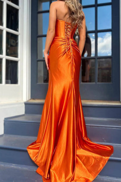 Mermaid Strapless Orange Corset Prom Dress with Split Front