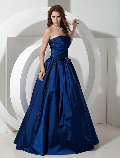 Royal Blue Taffeta Evening Dress Floor Length Strapless A Line Pleated Prom Dress Ballgown