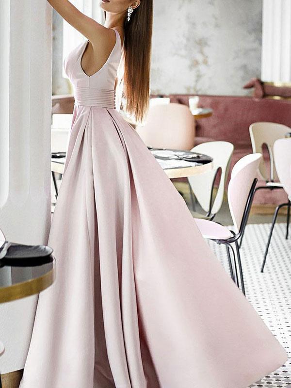 A-Line V-Neck Satin Sleeveless Floor Length Pleated Dresses Evening Dresses Wedding Guest Dresses