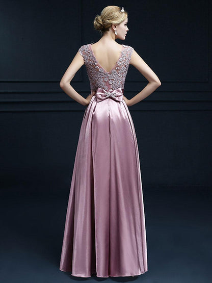 A-Line Jewel Neck Evening Dress Floor-Length Sleeveless Zipper Applique Satin Wedding Guest Party Dresses