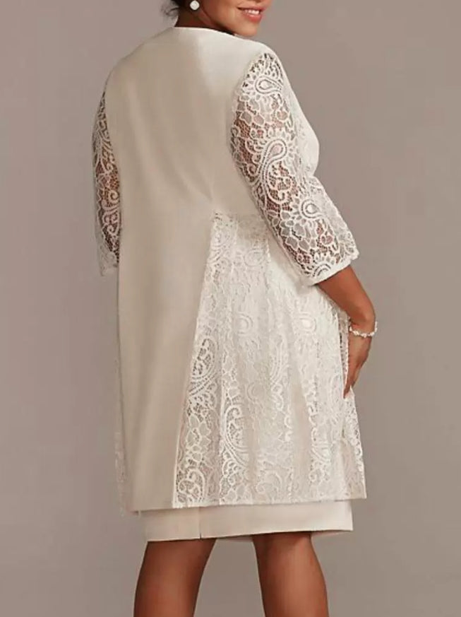 Ivory Lace Satin Half Sleeves Mother of the Bride Dresse Jewel Neck Sleeveless Sheath Short Wedding Guest Dresses