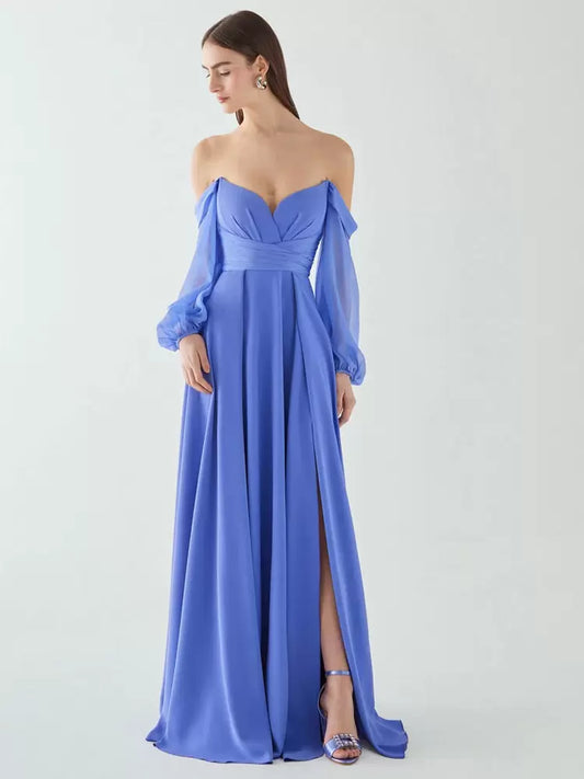 A-Line Pleated High Slit Designed Neckline Floor-Length Chiffon Evening Dress