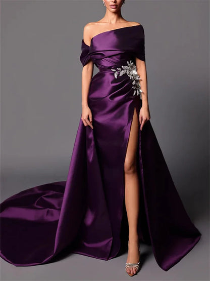 A-Line/Princess Off-The-Shoulder Sweep Train Evening Dresses With Slit