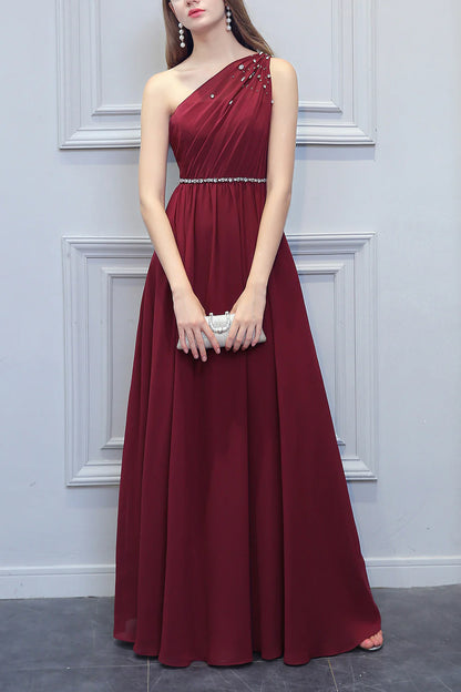 One Shoulder Long Chiffon Evening Dress Bridesmaid Dress With Beading