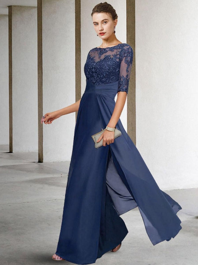 Jewel Neck Half Sleeves Sheath Lace Floor-Length Wedding Guest Dresses Mother of the Bride Dresse