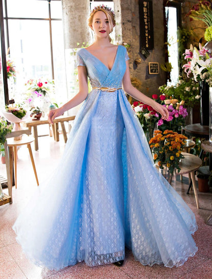 V Neck Beading Cap Sleeve Pleated Lace Tulle Baby Blue Formal Evening Dresses A-Line Princess