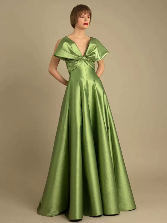 A-Line Designed Neckline Floor-Length Zipper Bows Satin Fabric Evening Dresses