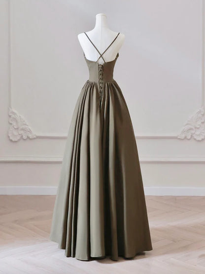 A-Line V Neck Satin Olive Green Long Prom Dress Long Formal Dress