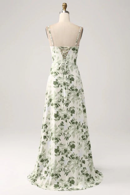 A-Line Cowl Neck Printed Long Green Bridesmaid Dress Prom Dresses With Slit