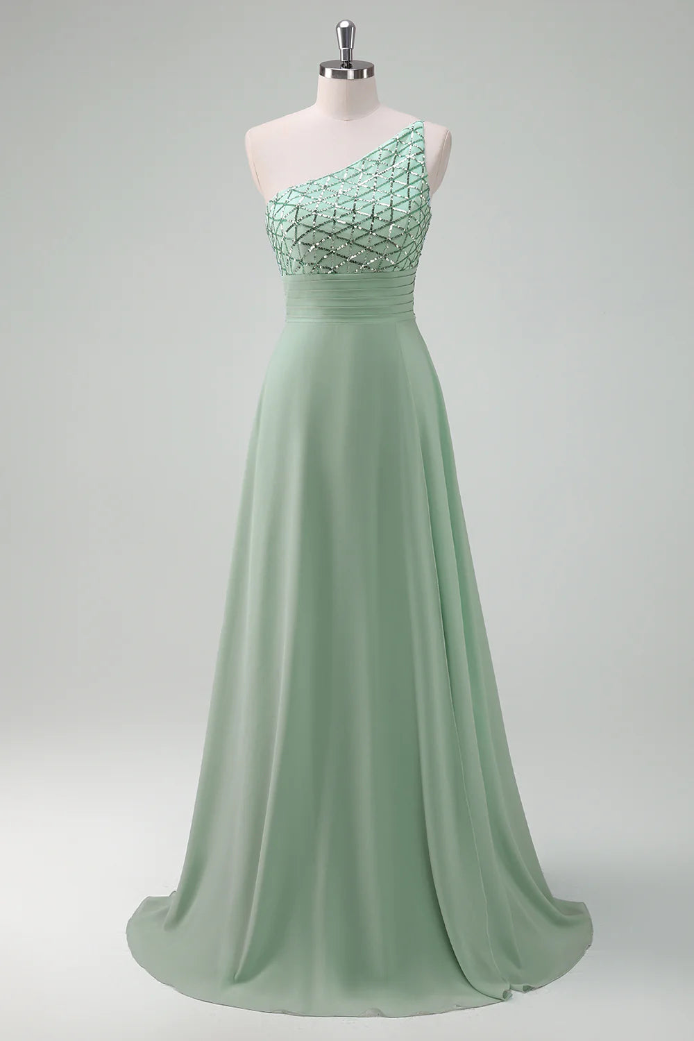 Sparkly Green A Line One Shoulder Floor Length Bridesmaid Dress Wedding Guest Party Dresses