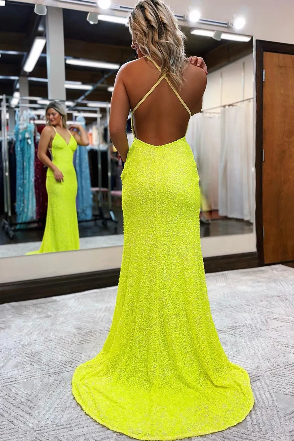 Mermaid Spaghetti Straps Sequins Backless Long Prom Dress With Sweep Train