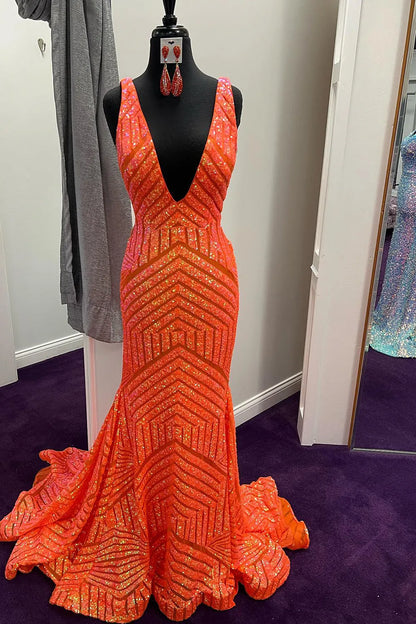 Mermaid Deep V Neck Orange Sequins Long Prom Dress Open Back With Sweep Train