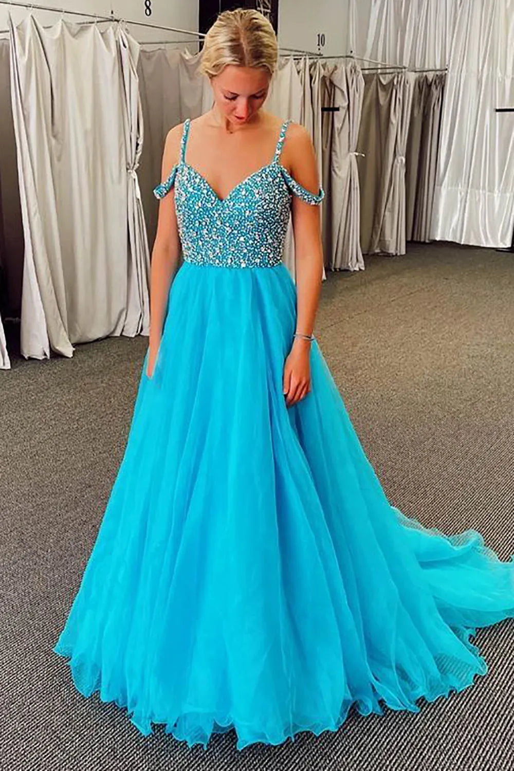 A Line Off the Shoulder Blue Long Prom Dress with Beading Sweep/Brush Train Dresses