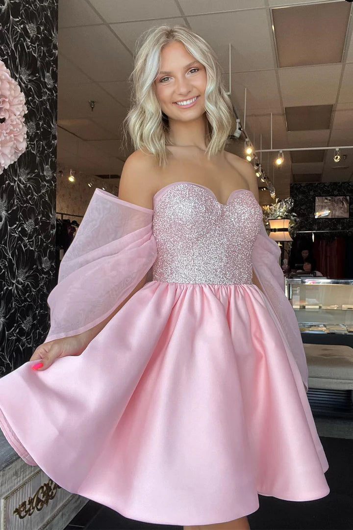 A-Line Princess Light Pink Sweetheart Homecoming Gown with Sequin