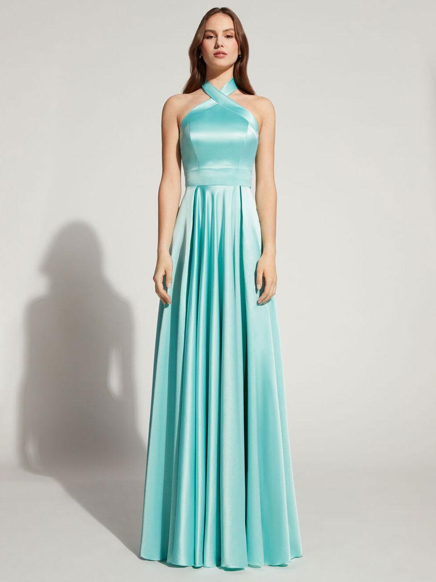 A-Line Halter Floor-Length Sleeveless Backless Evening Dress Silk Like Satin Formal Party Dresses