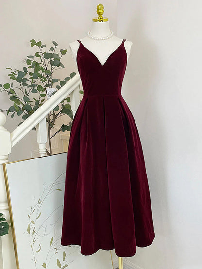 A-Line V Neck Velvet Burgundy Tea Length Prom Dress Formal Dress