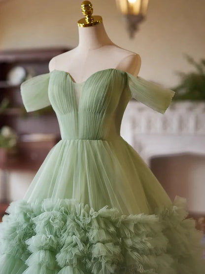 A-Line Off Shoulder Sweet 16 Dress Tulle Green Quinceanera Dress Long Prom Dress