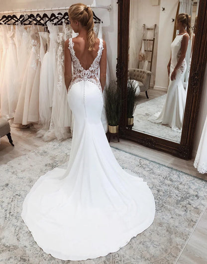 Mermaid Boho Wedding Dress with Lace Court Train Dresses