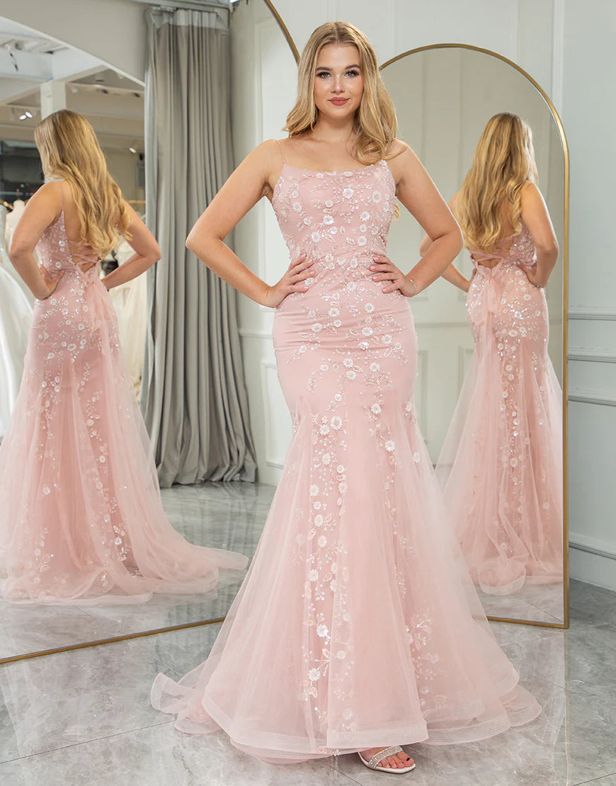 Blush Mermaid Spaghetti Straps Long Appliques Prom Dress With Lace Up Back