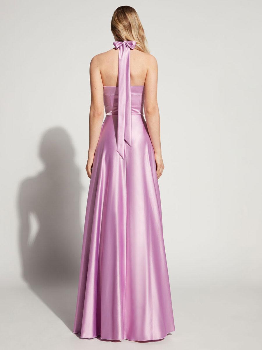 A-Line Halter Floor-Length Sleeveless Backless Evening Dress Silk Like Satin Formal Party Dresses