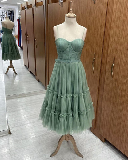 Sage Tiered Tulle Tea Length Corset Dress Cute A-Line Prom Dress