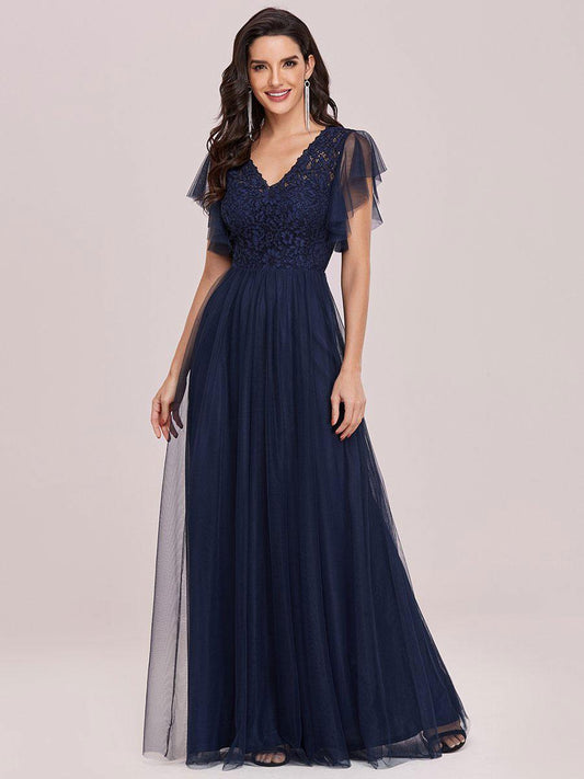 A-Line V-Neck Tulle Short Sleeves Backless Floor-Length Dresses Evening Dresses