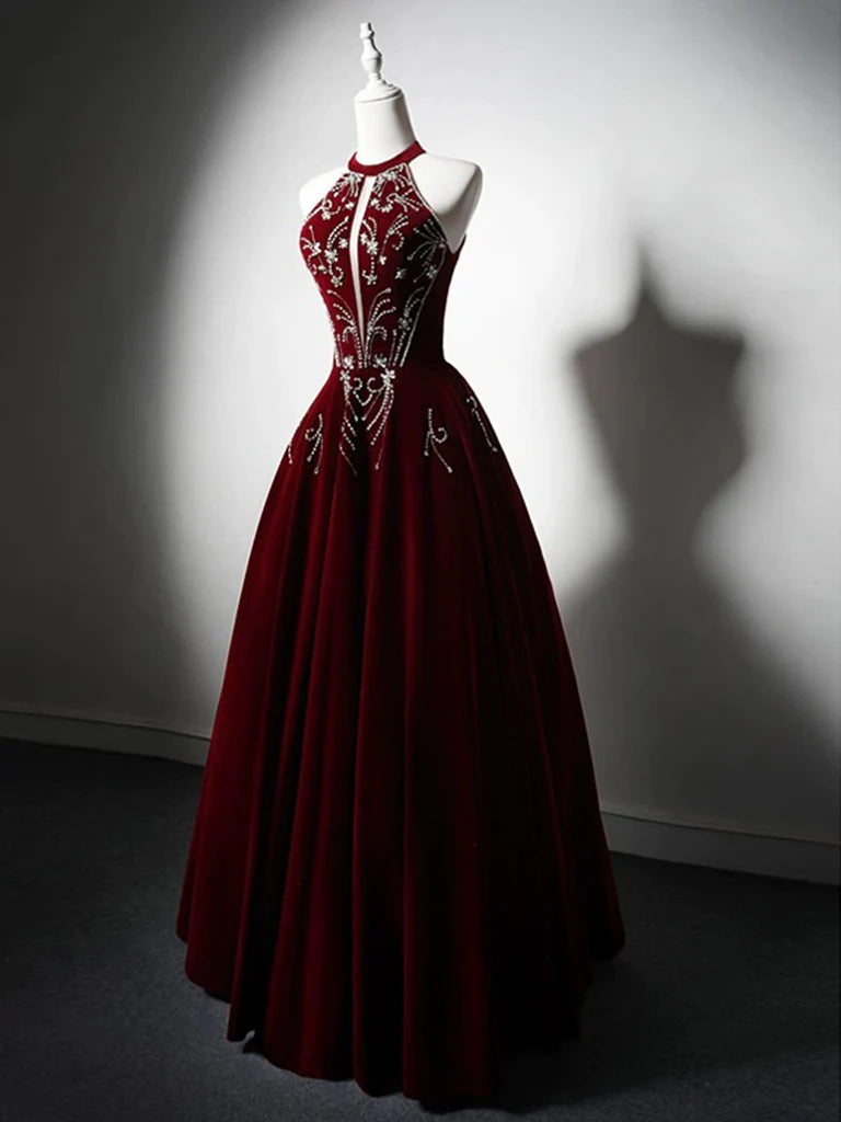 A-Line Velvet Sequin Beads Burgundy Long Prom Dress Formal Evening Dress