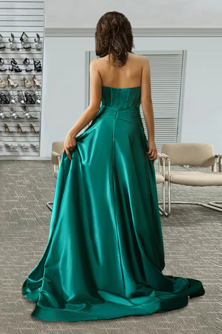 Strapless Dark Green Satin Floor-length Prom Dress with Slit