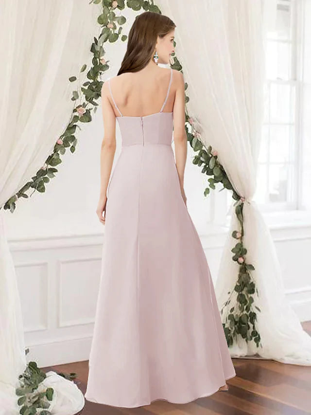 A-Line Jewel Neck Floor Length Chiffon Bridesmaid Dress Pink with Pleats