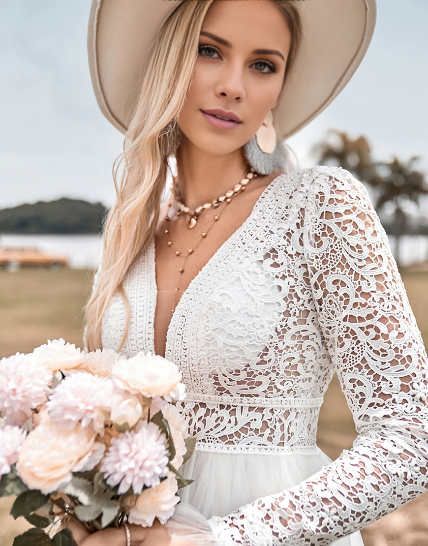 Simple Lace Long Sleeves Deep V-neck Boho Wedding Dress with Backless