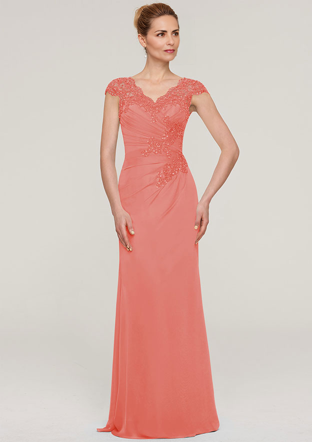 V Neck Sleeveless Chiffon Mother of the Bride Dress With Pleated Appliqued Beading