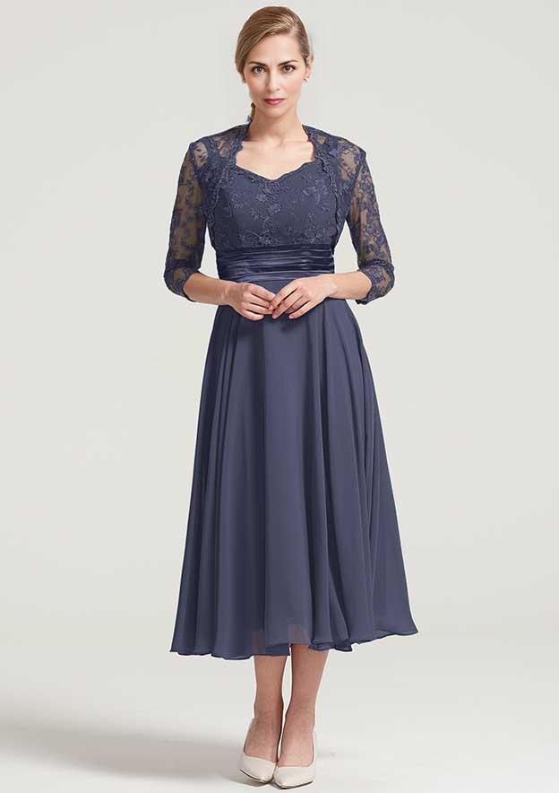 A-line Tea-Length Chiffon Mother of the Bride Dress With Jacket Lace Pleated