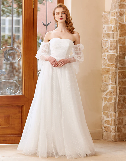 A Line Off the Shoulder White Wedding Dress with Long Sleeves