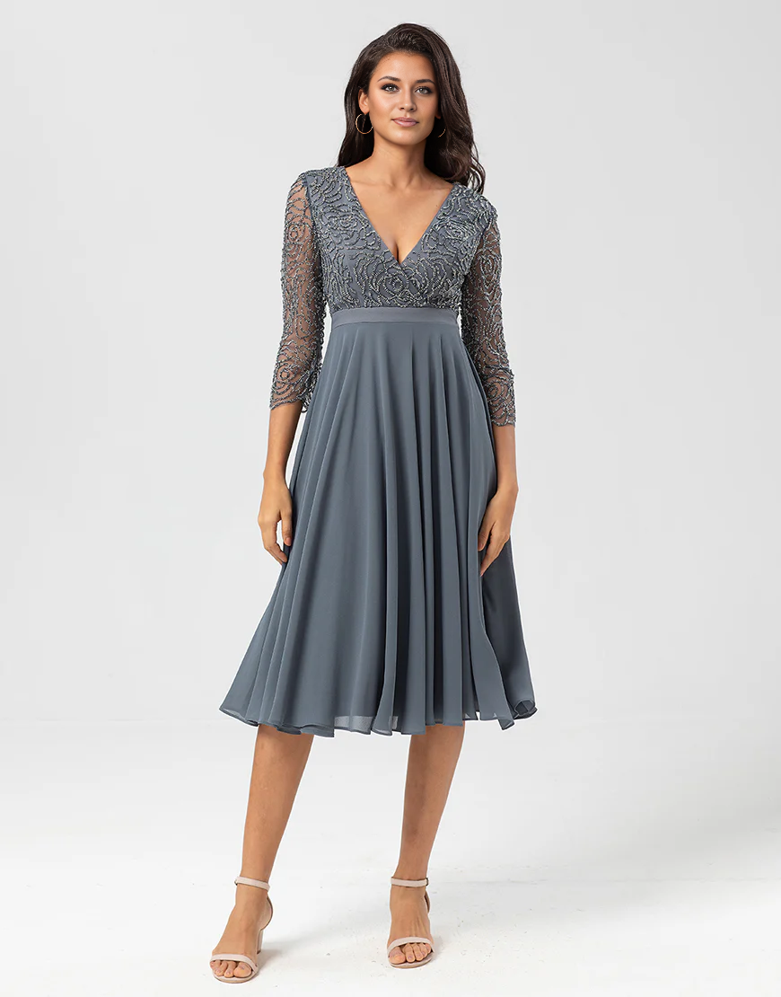 A Line V-Neck Chiffon Bridesmaid Dress with Long Sleeves