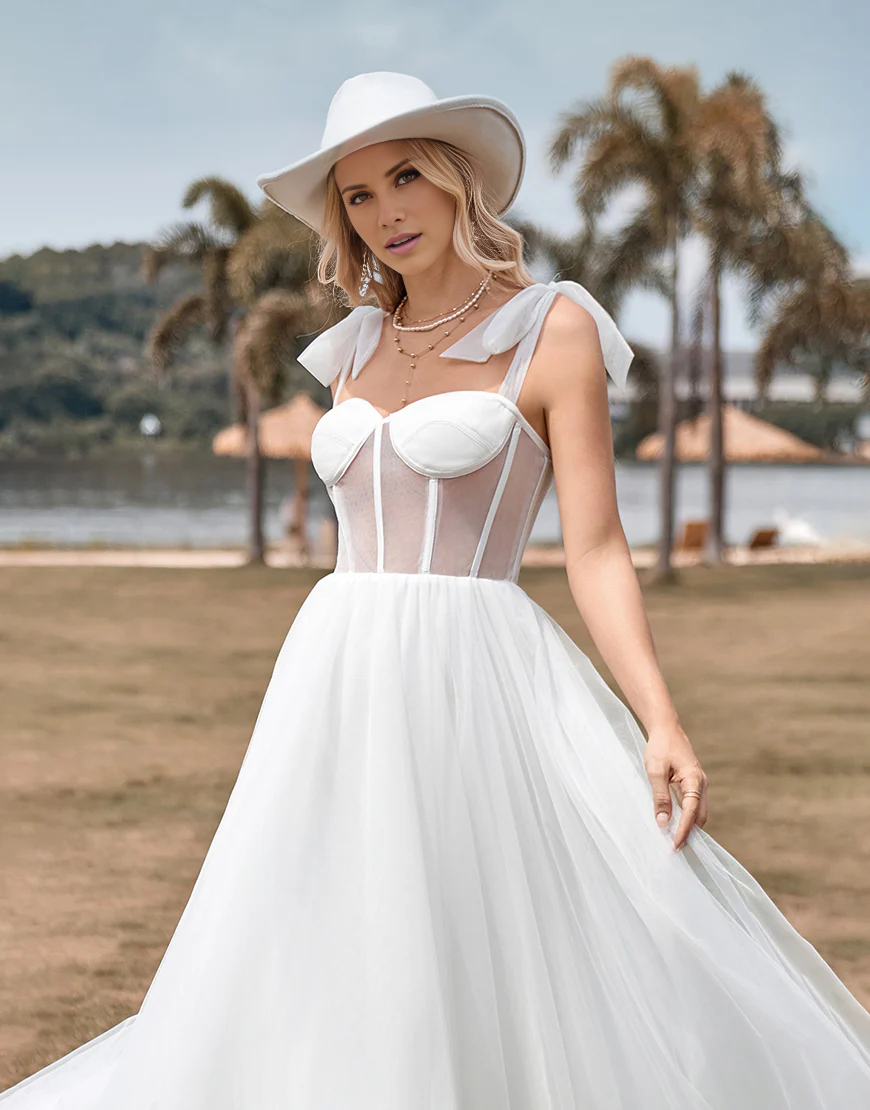 Ivory Tulle Corset Tea-Length A Line Wedding Dress