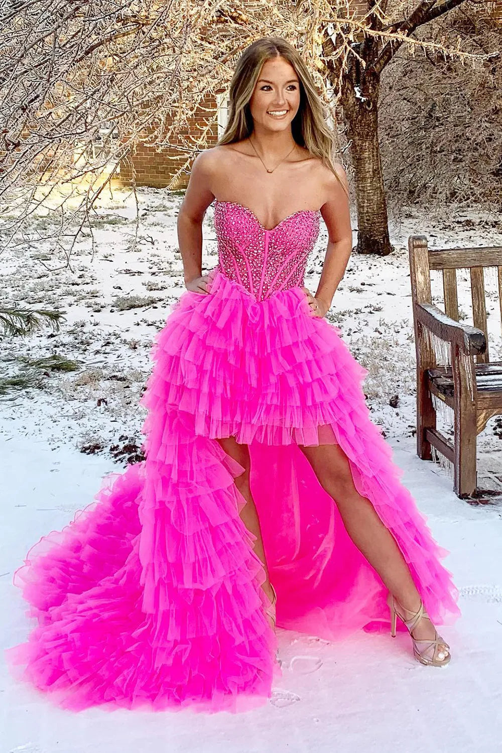 Red Tulle High-Low Sweetheart Prom Dress A-Line Princess Evening Dresses