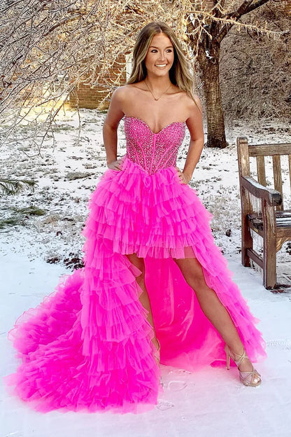 Red Tulle High-Low Sweetheart Prom Dress A-Line Princess Evening Dresses