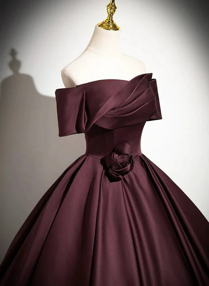 A-Line Princess Ball Gown Maroon Off Shoulder Satin Long  Formal Party Dress Evening Dress