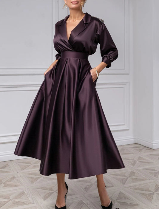 A-Line Wedding Guest Dress Elegant Dress Tea Length 3/4 Length Sleeve Shirt Collar Satin with Pleats