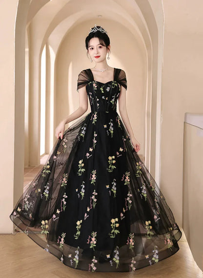 A-Line Princess Black Floral Off Shoulder Tulle Long Prom Dress Evening Dress