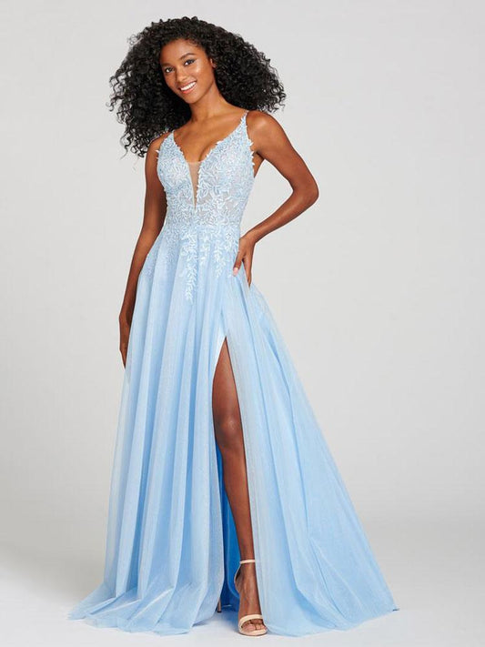 A-Line Princess Light Blue V-Neck Ball Gown Sleeveless Backless Applique Formal Evening Dresses