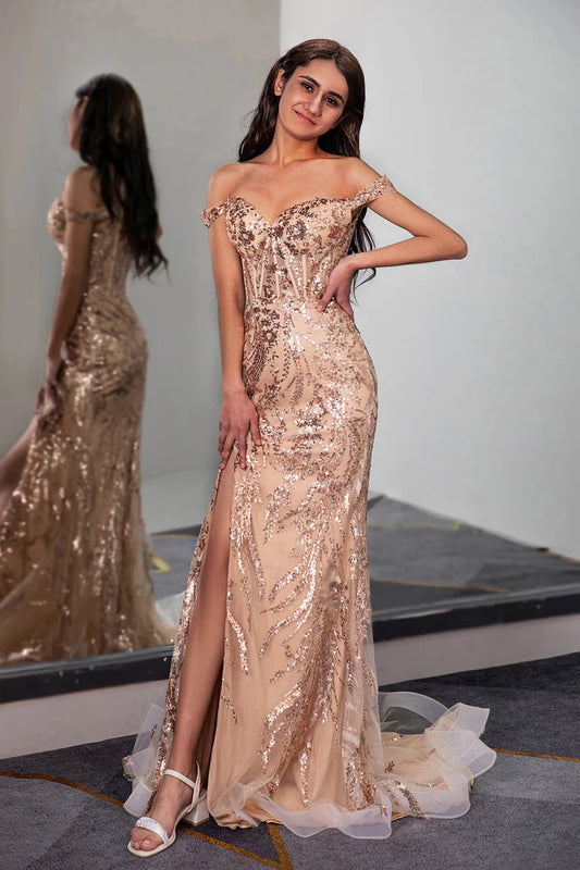 Off the Shoulder Slit Sequins/Sparkling Champagne Corset Prom Dress Court Train Dresses