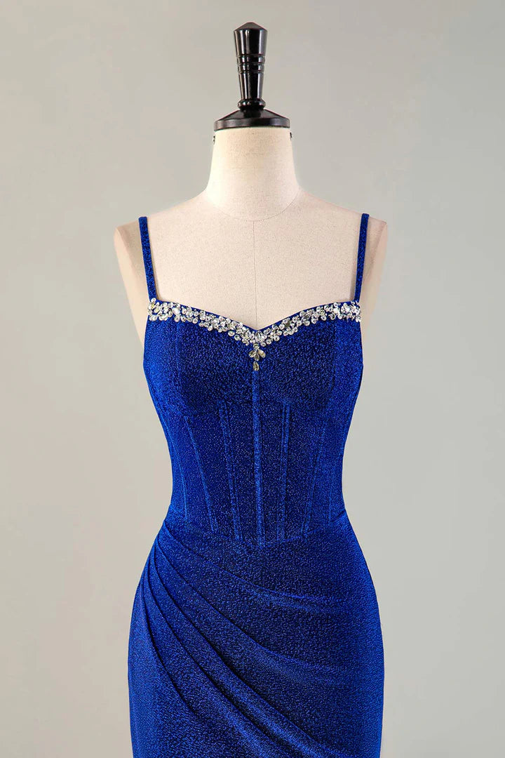 Glitter Royal Blue Beaded Corset Homecoming Dress Short/Mini Dress