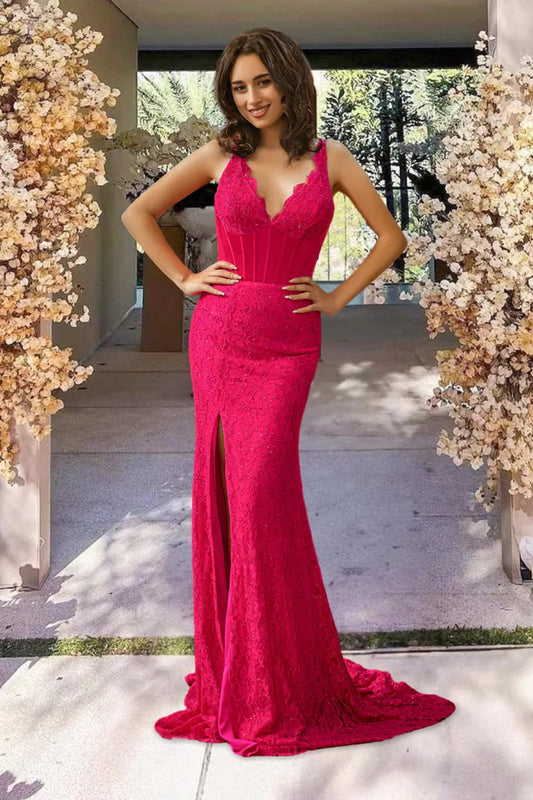 Mermaid V-Neck Slit Corset Long Pink Prom Dress