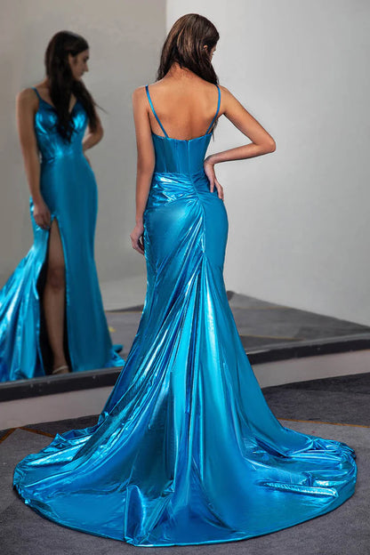 Silky Stretch Satin V-Neck Prom Gown Sweep/Brush Train Dresses with High Slit