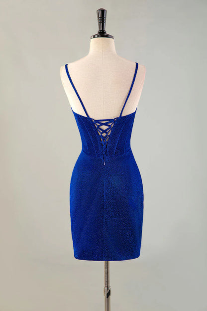 Glitter Royal Blue Beaded Corset Homecoming Dress Short/Mini Dress