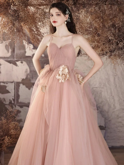 A-Line Princess V Neck Tulle Flower Pink Long Prom Dress Evening Dress