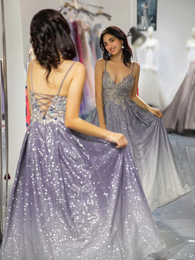 A-Line Princess Gradient Glitter Beaded Prom Dress With Lace Up Back