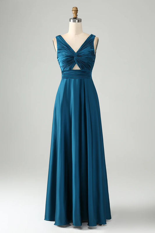 Ink Blue A Line V Neck Cut Out Pleated Satin Long Bridesmaid Dress Wedding Guest Party Dresses